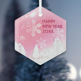 ピンクホワイトスノーハウスハッピーニューイヤー ガラスオーナメント