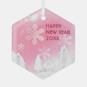 ピンクホワイトスノーハウスハッピーニューイヤー ガラスオーナメント (正面)