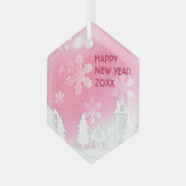 ピンクホワイトスノーハウスハッピーニューイヤー ガラスオーナメント (正面左)