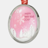 ピンクホワイトスノーハウスハッピーニューイヤー メタルオーナメント (左)