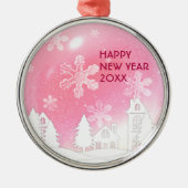 ピンクホワイトスノーハウスハッピーニューイヤー メタルオーナメント (正面)