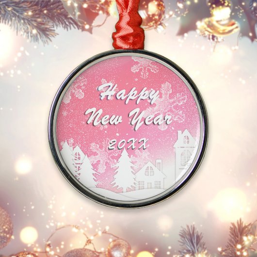ピンクホワイトスノーハウスハッピーニューイヤー メタルオーナメント