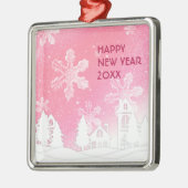 ピンクホワイトスノーハウスハッピーニューイヤー メタルオーナメント (左)