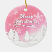 ピンクホワイトスノーハウスメリークリスマスニューイヤー セラミックオーナメント (正面)