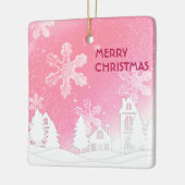 ピンクホワイトスノーハウスメリークリスマス新年 セラミックオーナメント (左)