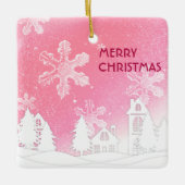 ピンクホワイトスノーハウスメリークリスマス新年 セラミックオーナメント (正面)