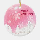 ピンクホワイトスノーハウスメリークリスマス新年 セラミックオーナメント (正面)