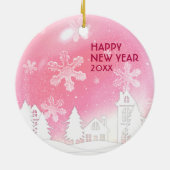 ピンクホワイトスノーハウスメリークリスマス新年 セラミックオーナメント (裏面)