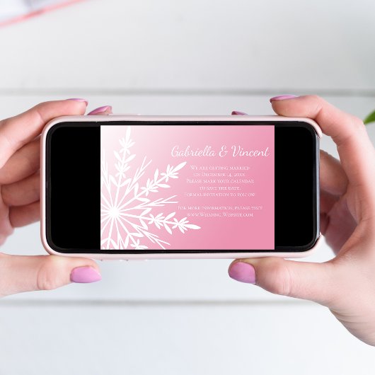 ピンクホワイトスノーフレーク冬の結婚式の日付を保存 招待状