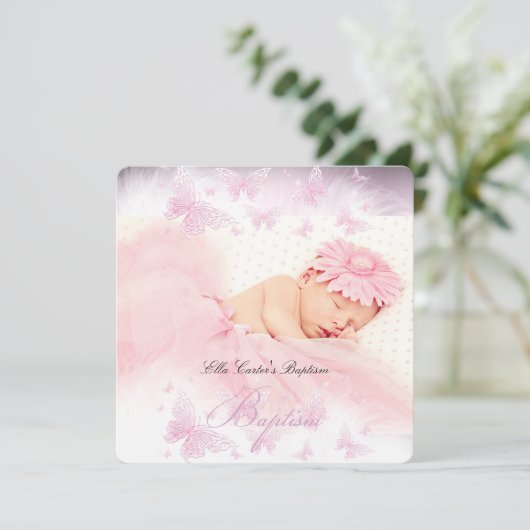 ピンクホワイトスパークルバタフライバプテスマ《キリスト教》洗礼式や命名式 招待状 (スタンド正面)