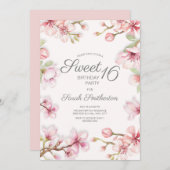 ピンクホワイトスプリングタイムフローラスウィート16誕生日 招待状 (正面/裏面)