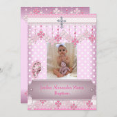 ピンクホワイトスポットフォトフレーム十字洗礼2 招待状 (正面/裏面)