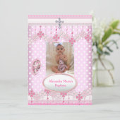 ピンクホワイトスポットフォトフレーム十字洗礼3 招待状 (スタンド正面)