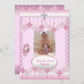 ピンクホワイトスポットフォトフレーム十字洗礼3 招待状 (正面/裏面)