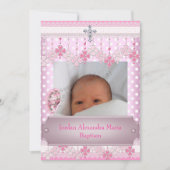 ピンクホワイトスポットフォトフレーム十字洗礼 招待状 (正面)