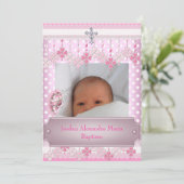 ピンクホワイトスポットフォトフレーム十字洗礼 招待状 (スタンド正面)