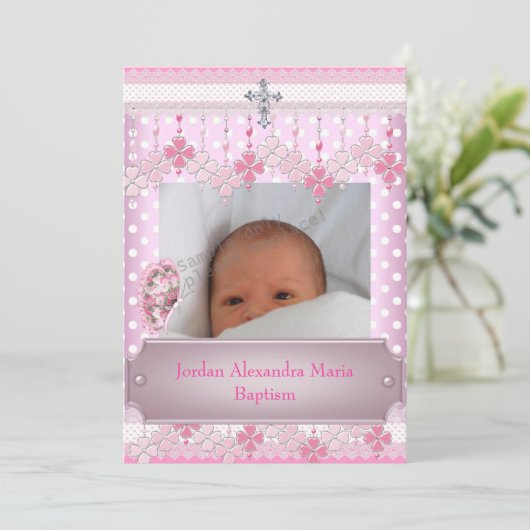 ピンクホワイトスポットフォトフレーム十字洗礼 招待状 (スタンド正面)
