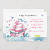 ピンクホワイトセイボートベビーガールシャワー招待状 招待状 (正面/裏面)