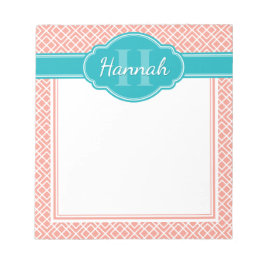 ピンクホワイトダイヤモンドトレリスパターンティール（緑がかった色）モノグラム ノートパッド