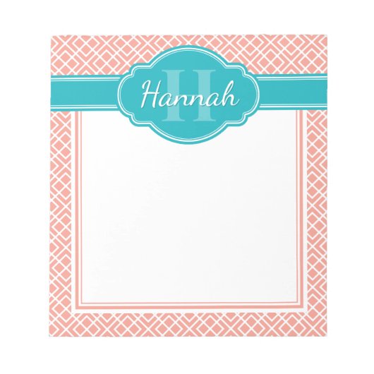 ピンクホワイトダイヤモンドトレリスパターンティール（緑がかった色）モノグラム ノートパッド (正面)