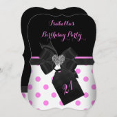 ピンクホワイトダイヤモンドハートブラック水玉模様誕生日 招待状 (正面/裏面)