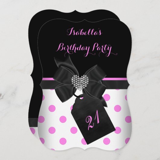ピンクホワイトダイヤモンドハートブラック水玉模様誕生日 招待状 (正面/裏面)