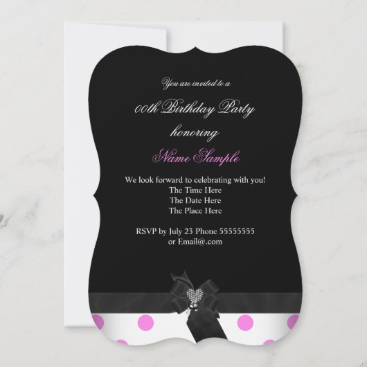 ピンクホワイトダイヤモンドハートブラック水玉模様誕生日 招待状 (裏面)