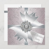 ピンクホワイトダイヤモンドボウ女性60thバースデーパーティー 招待状 (正面/裏面)