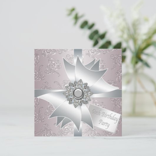 ピンクホワイトダイヤモンドボウ女性60thバースデーパーティー 招待状 (スタンド正面)