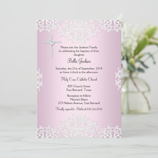 ピンクホワイトダマスクバプテスマ/《キリスト教》洗礼式や命名式招待状 招待状 (スタンド正面)