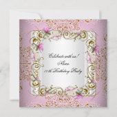 ピンクホワイトダマスク金ゴールド花生誕生会 招待状 (正面)