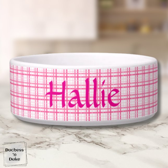 ピンクホワイトチェック柄ペット ボウル (Pink White Plaid Pattern Pet Bowl)