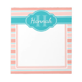 ピンクホワイトティール（緑がかった色）ストライプパターンモノグラム ノートパッド