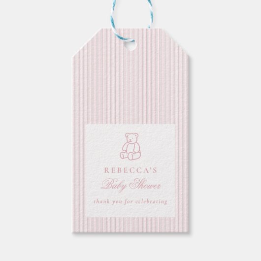 ピンクホワイトテディベア名門私立校風のベビーエレガントシャワー ギフトタグ (正面)