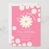 ピンクホワイトデイジー彼女はワイルドワン誕生日 招待状 (正面)