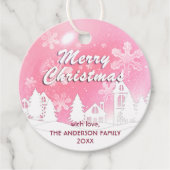 ピンクホワイトハウススノーフレーククリスマスハッピーニューイヤー フェイバータグ (正面)