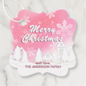 ピンクホワイトハウススノーフレーククリスマスハッピーニューイヤー フェイバータグ (正面)
