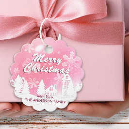 ピンクホワイトハウススノーフレーククリスマスハッピーニューイヤー フェイバータグ