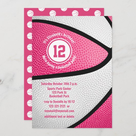 ピンクホワイトバスケガーリーットバースデーパーティー 招待状 (正面/裏面)