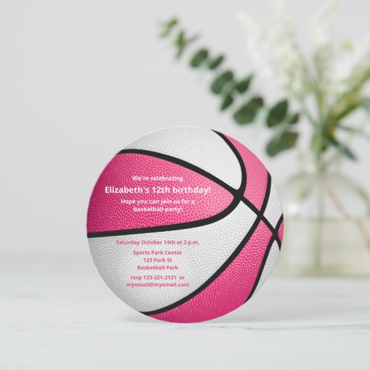 ピンクホワイトバスケットボール誕生日パーティー 案内状 (スタンド正面)