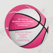 ピンクホワイトバスケットボール誕生日パーティー 案内状 (正面/裏面)