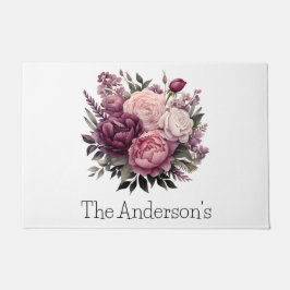 ピンクホワイトパープルバラ牡丹フローラ花 ドアマット