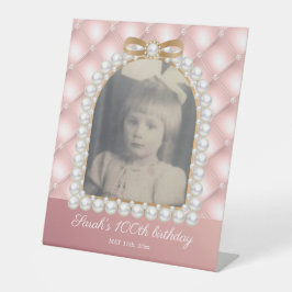 ピンクホワイトパール100誕生日ヴィンテージ写真 台座サイン