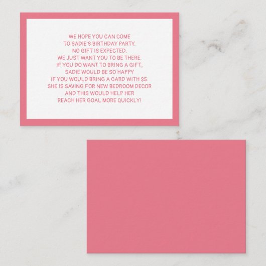 ピンクホワイトフィバー5ドルチャイルドバースデーパーティー エンクロージャーカード (正面/裏面)