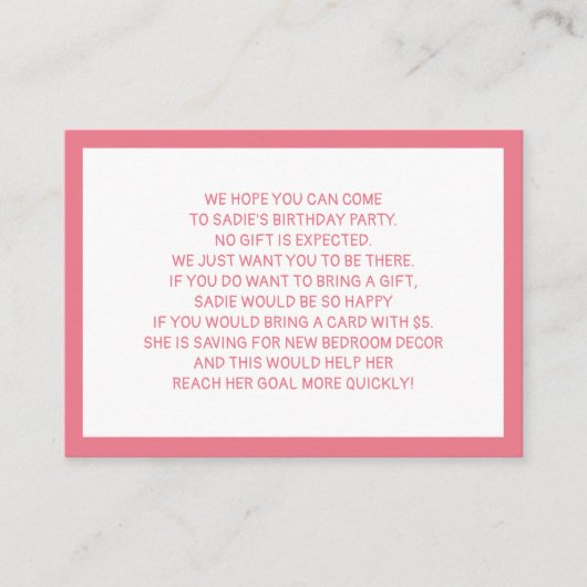 ピンクホワイトフィバー5ドルチャイルドバースデーパーティー エンクロージャーカード (正面)