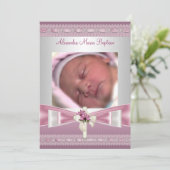 ピンクホワイトフォトクロスバプテスマ《キリスト教》洗礼式や命名式 招待状 (スタンド正面)