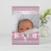 ピンクホワイトフォトクロスバプテスマ《キリスト教》洗礼式や命名式 招待状 (スタンド正面)