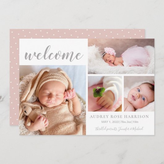 ピンクホワイトフォトコラージュベビーガールウェルカム誕生 案内状 (正面/裏面)