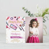ピンクホワイトフォトパンパーパーティー誕生日招待状 招待状 (スタンド正面)