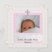 ピンクホワイトフォトフレーム宝石クロスバプテスマ 招待状 (正面/裏面)